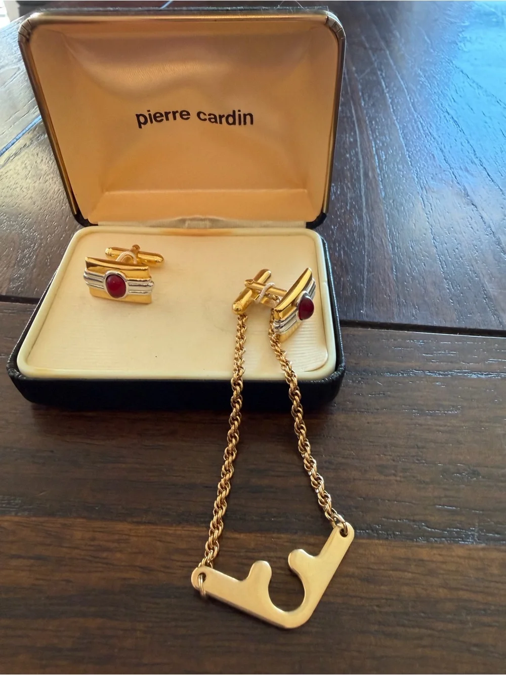 Pierre Cardin Vintage Cufflinks and Tie Chain Set Gold Silver Red Cabochon Box